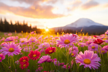 Obraz premium Beautiful flower field with pink and red daisies at sunset, showcasing vibrant colors and stunning mountain backdrop. scene evokes sense of tranquility and natural beauty