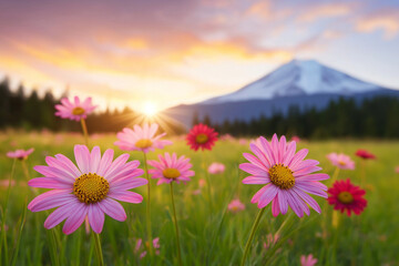 Beautiful flower field with pink and red daisies at sunset, showcasing vibrant colors against majestic mountain backdrop. serene and picturesque landscape