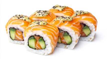 Salmon and avocado sushi on a white background