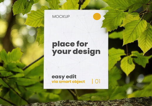 Paper Page Stand on a Tree Branch with Leafs Mockup
