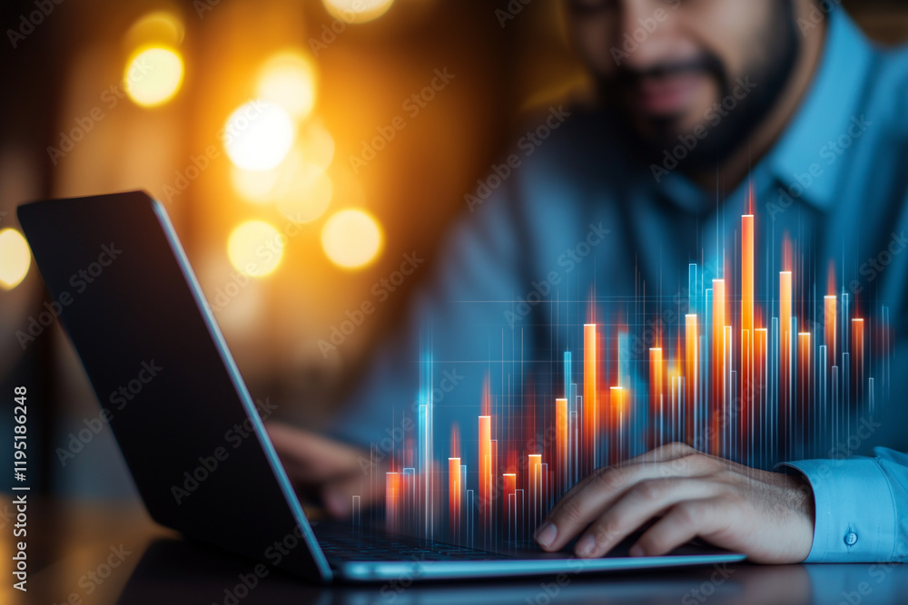 Poster businessman using laptop to analyze augmented reality data visualizations, showcasing vibrant graphs