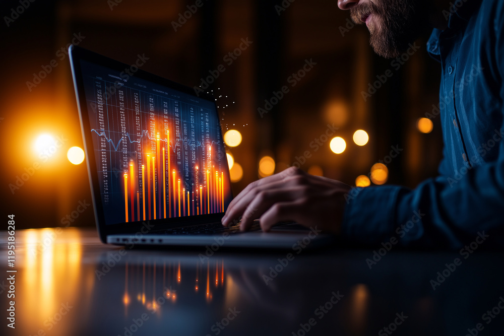 Poster businessman using laptop to analyze augmented reality data visualizations, showcasing vibrant graphs