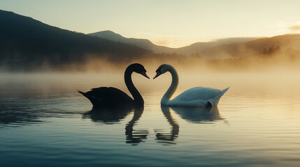Naklejka premium Romantic Black and White Swans at Sunrise on a Misty Lake
