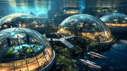 Underwater futuristic city with dome-shaped homes and aquatic vehicles. - Powered by Adobe