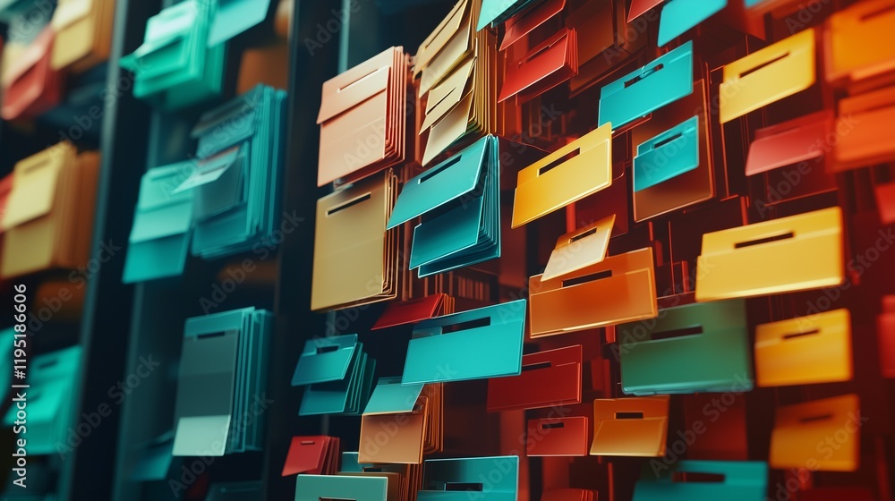 Poster colorful folders symbolize organized digital data networks and categorized files.