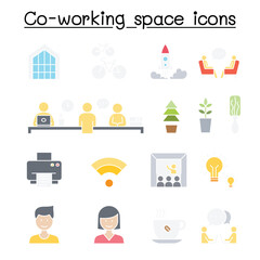 Co-working space & Startup icons set in thin line style