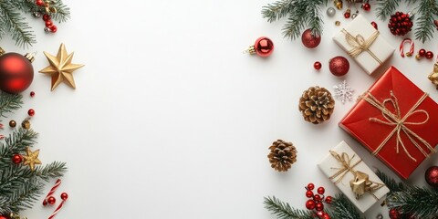 Flat lay of red gift box and white gifts on a white backdrop surrounded by festive decorations including pine cones and ornaments ideal for New Year celebrations