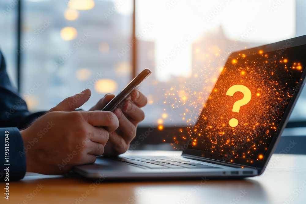 Poster close up of businessman using mobile phone while working on laptop, with glowing question mark symbo