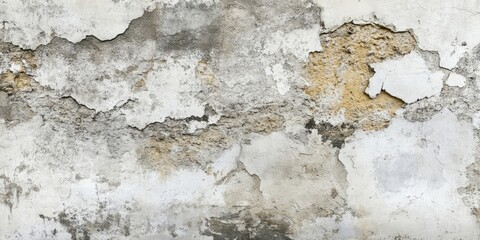 Obraz premium Textured aged concrete wall with peeling paint and stucco, featuring gray, white, and beige tones with rough, distressed patches and a weathered look.