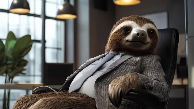 portrait of cute funny sloth in business suit relaxing in the chair in modern office