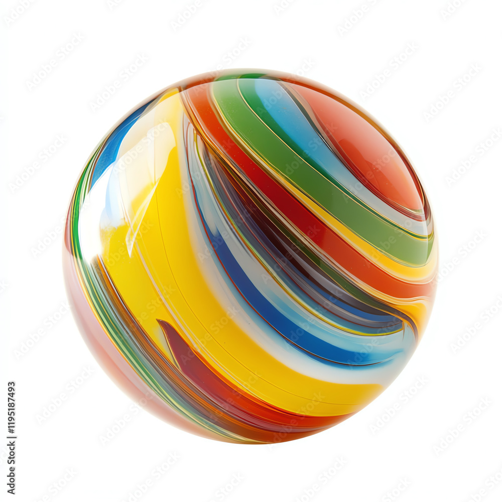 Poster a vibrant, colorful glass orb with swirling patterns, capturing light and adding a playful touch to 