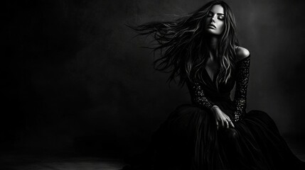 Fototapeta premium Elegant woman in a flowing black gown surrounded by atmospheric mist in a dramatic monochrome setting