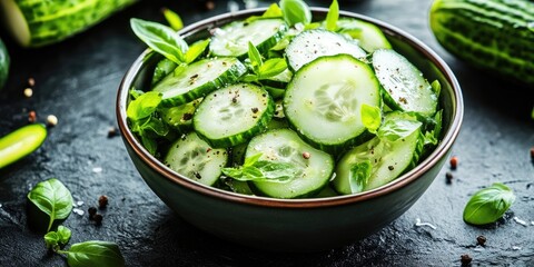 Fresh cucumber salad with thinly sliced cucumbers and basil leaves in a dark bowl on a black textured surface with green cucumbers nearby.