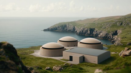 Fototapeta premium Modern biogas plant with dome-shaped tanks on a grassy coastal cliff overlooking the sea, highlighting sustainable energy solutions.