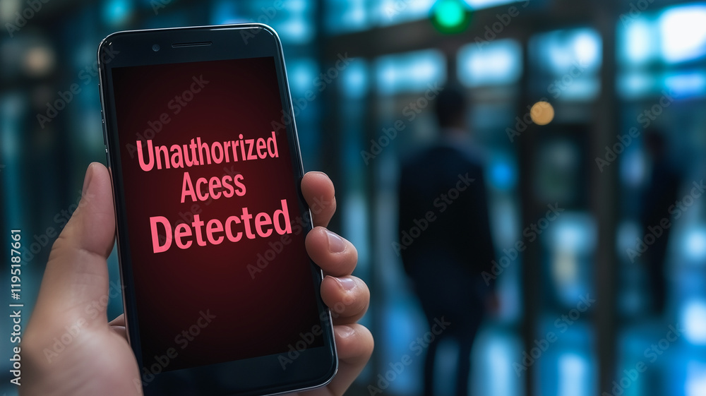 Poster unauthorized access detected: a hand holds a smartphone displaying a stark red warning message 