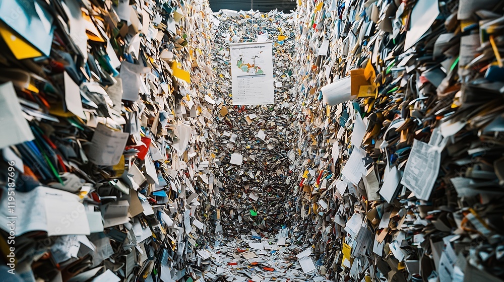 Poster stacks of paper symbolize overwhelming record-keeping challenges.