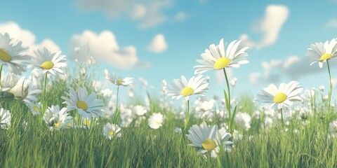 Vibrant field of white daisies with yellow centers in lush green grass under a bright blue sky with fluffy white clouds in the background © Lala