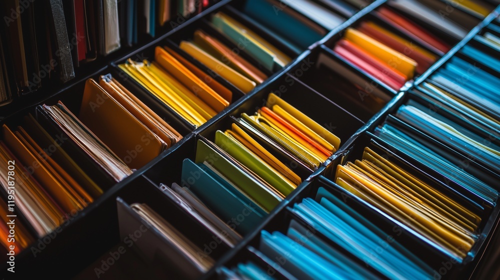 Poster colorful folders in a drawer symbolize organized information and efficient archive management.