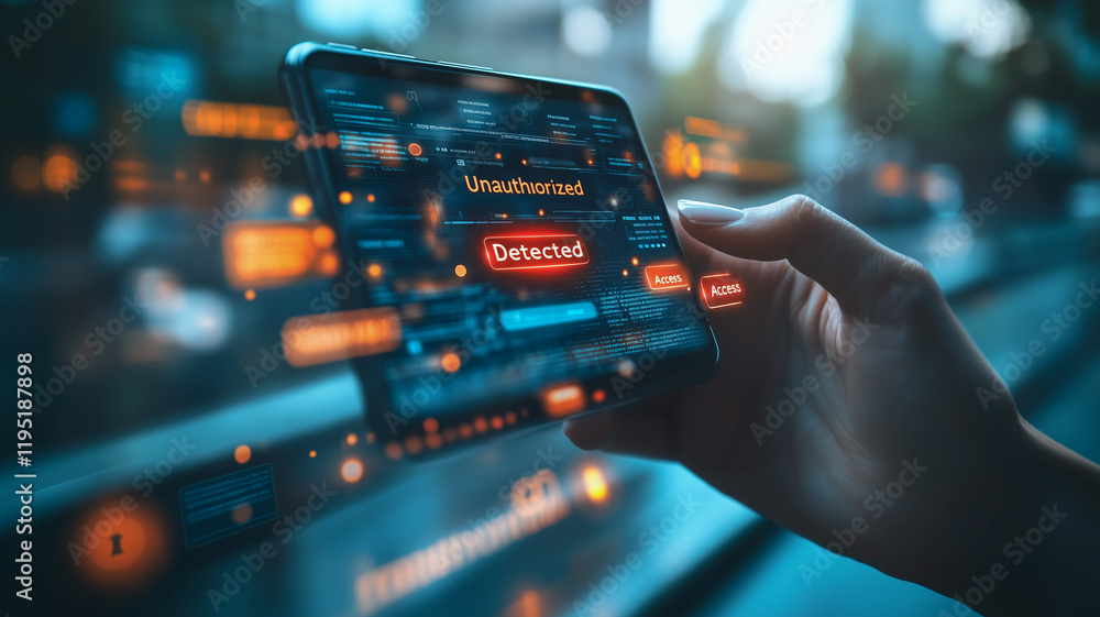 Aufkleber cybersecurity alert on smartphone: a hand holds a smartphone displaying a critical cybersecurity ale