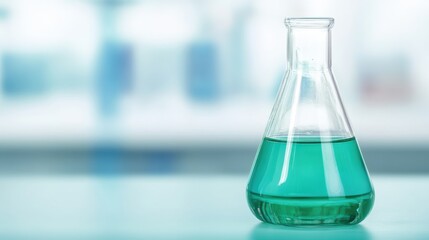 A clear glass flask contains turquoise liquid, set against a blurred laboratory background, symbolizing scientific research and experimentation.