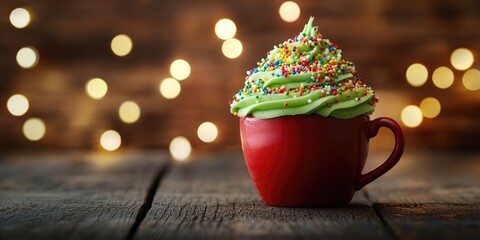 Festive green cupcake with vibrant sprinkles in a red cup positioned on wooden surface, soft bokeh from garland lights creating a warm ambiance