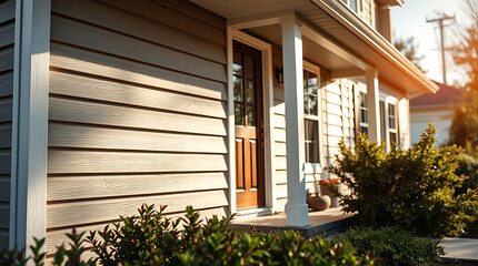Dream Suburban Home: Captivating Exterior Design with Wooden Siding and Lush Greenery