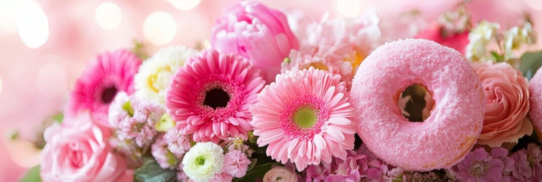 Pink donut and flowers. Bouquet of gerbera, rose, carnation, hortensia, and gypsophila.