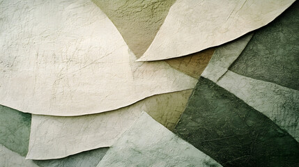 A textured abstract composition featuring overlapping layers of muted beige and green, with subtle white highlights and medium shadows for depth and contrast 