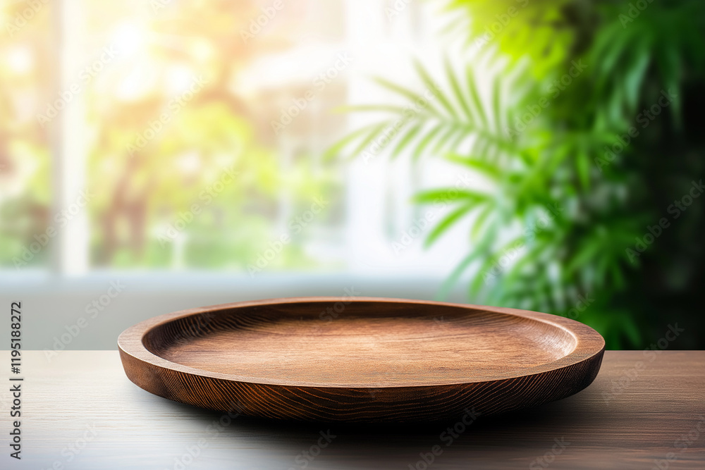 Poster empty wooden plate on table with blurred background of greenery, creating serene atmosphere. perfect