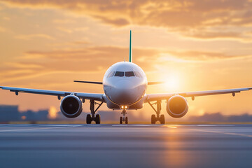 Fototapeta na wymiar white airplane on airport during sunset, showcasing its front view with warm golden light illuminating scene. atmosphere is serene and tranquil
