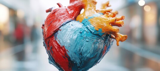 Naklejka premium Artistic Representation of Human Heart Anatomy with Vibrant Paint Strokes, 3D Illustration