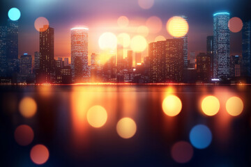 Futuristic cityscape with illuminated skyscrapers at sunset, creating vibrant atmosphere with colorful bokeh effects. skyline reflects modern urban environment