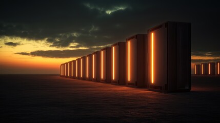 A row of glowing high-tech server units illuminated against a dramatic sunset sky, symbolizing technology, energy, and innovation.
