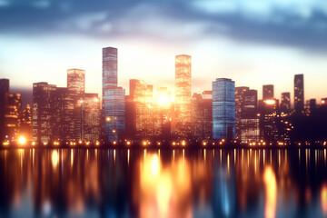 Fototapeta premium Futuristic cityscape with skyscrapers illuminated at sunset, reflecting on water. vibrant colors create stunning visual experience, showcasing modern architecture and urban life
