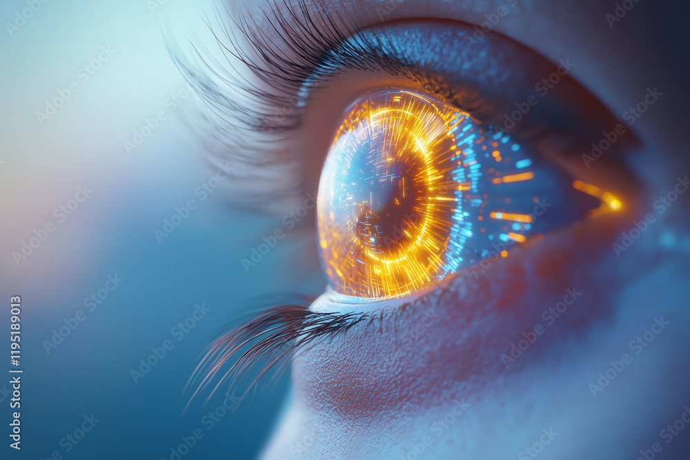 Poster futuristic eye with glowing data elements and digital patterns, showcasing advanced technology and i