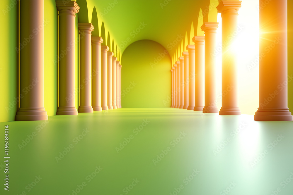 Poster vibrant green corridor with tall columns and warm sunlight streaming in creates serene atmosphere. a