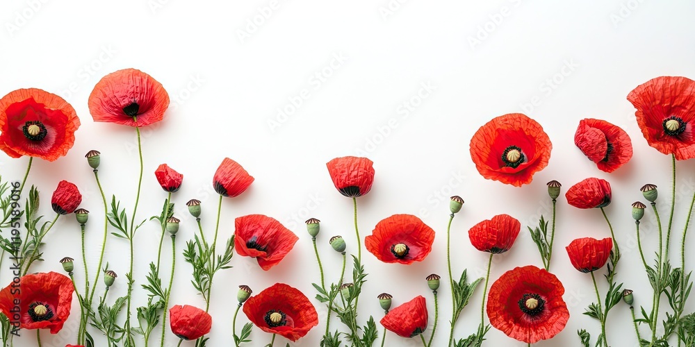 Sticker Vibrant red poppy flowers and buds arranged along the bottom on a white background with ample text space for design and layouts.