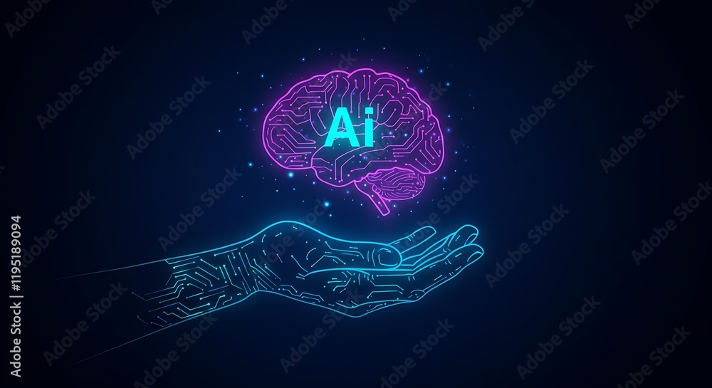 Poster circuit board in shape electronic brain with gyrus, symbol ai hanging over hand. symbol of computer 