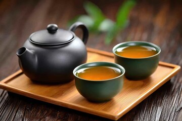A rustic wooden table with a black teapot and two green cups of Chinese tea oolong on a tray.