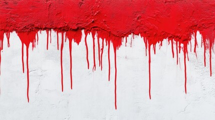 Abstract background of a white cement wall with intense red paint streaks dripping down unevenly