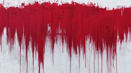 Abstract background of a white cement wall with intense red paint streaks dripping down unevenly
