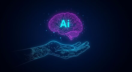 Circuit board in shape electronic brain with gyrus, symbol ai hanging over hand. Symbol of computer neural networks or artificial intelligence in neon cyberspace with glowing title on palm scientist