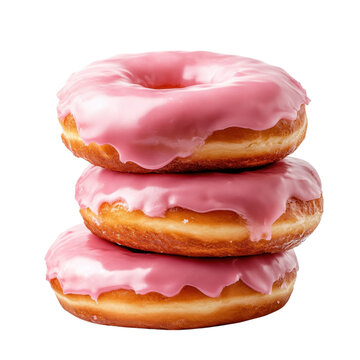 Stack of Three Delicious Pink Glazed Donuts, Sweet Treat, Bakery Delights, Close Up Shot of Yummy Donuts