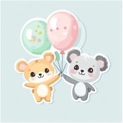 Naklejka premium Two cartoon bear cubs hold balloons on a light blue surface for kids