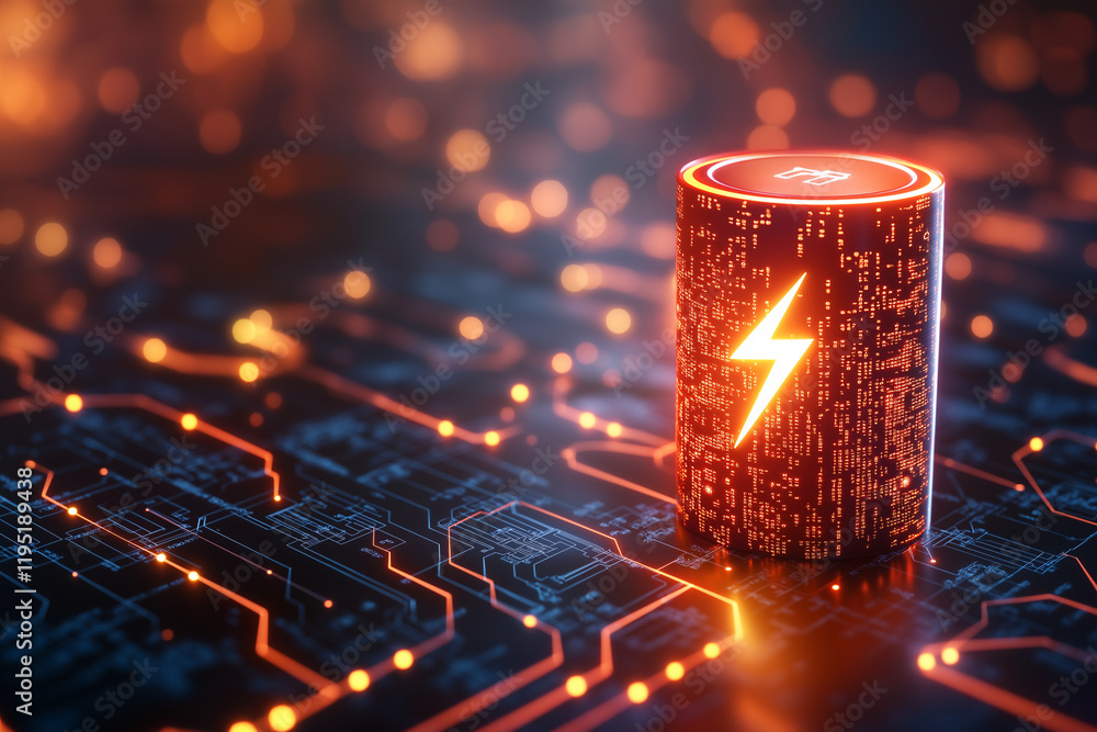 Poster high tech battery with glowing lightning bolt on circuit board background, symbolizing energy and in