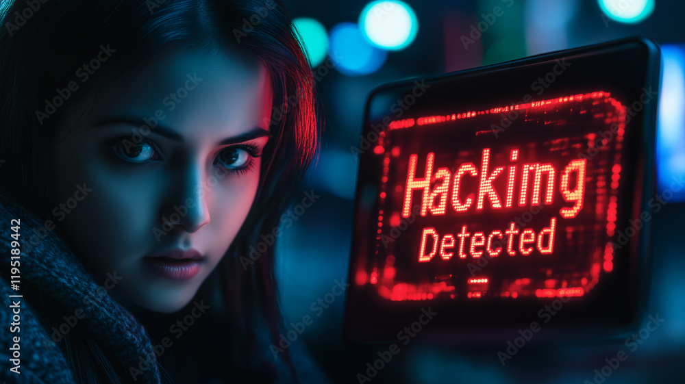 Poster hacking detected: a captivating close-up of a mysterious woman's face, illuminated by the neon glow 