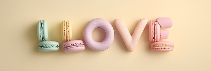 Colorful macarons arranged to spell out the word love on a pastel background