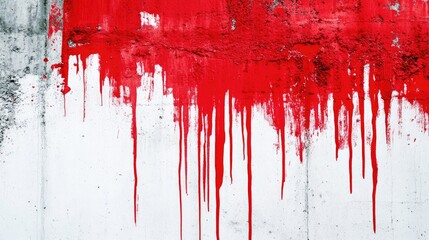 Abstract composition of a cement wall painted white, with vivid red paint streaks flowing down naturally