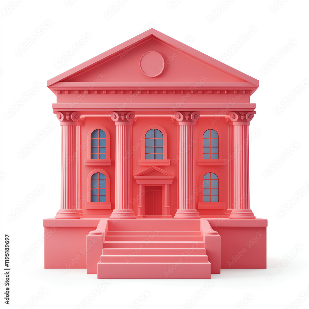 Poster a vibrant pink building with classical architecture features, showcasing grand columns and large win