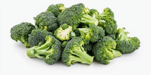 Fresh, vibrant green broccoli florets arranged in a mound on a clean white background providing a bright and appealing visual composition.